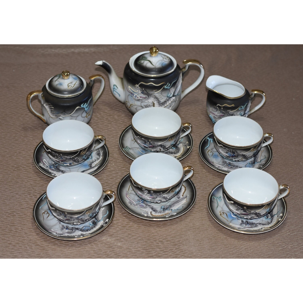 Vintage Japanese Moriage Dragonware Raised Blue Eye Dragon 17pc Tea Set